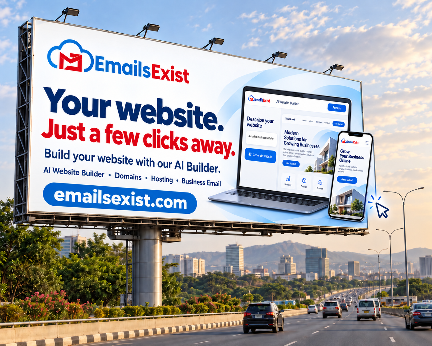 EmailsExist AI website builder advertising concept on an Abuja-inspired highway billboard